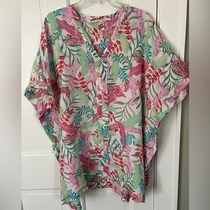 Cynthia Rowley 100% Linen Leaf Print Kimono Cover Up Oversized Pullover Medium